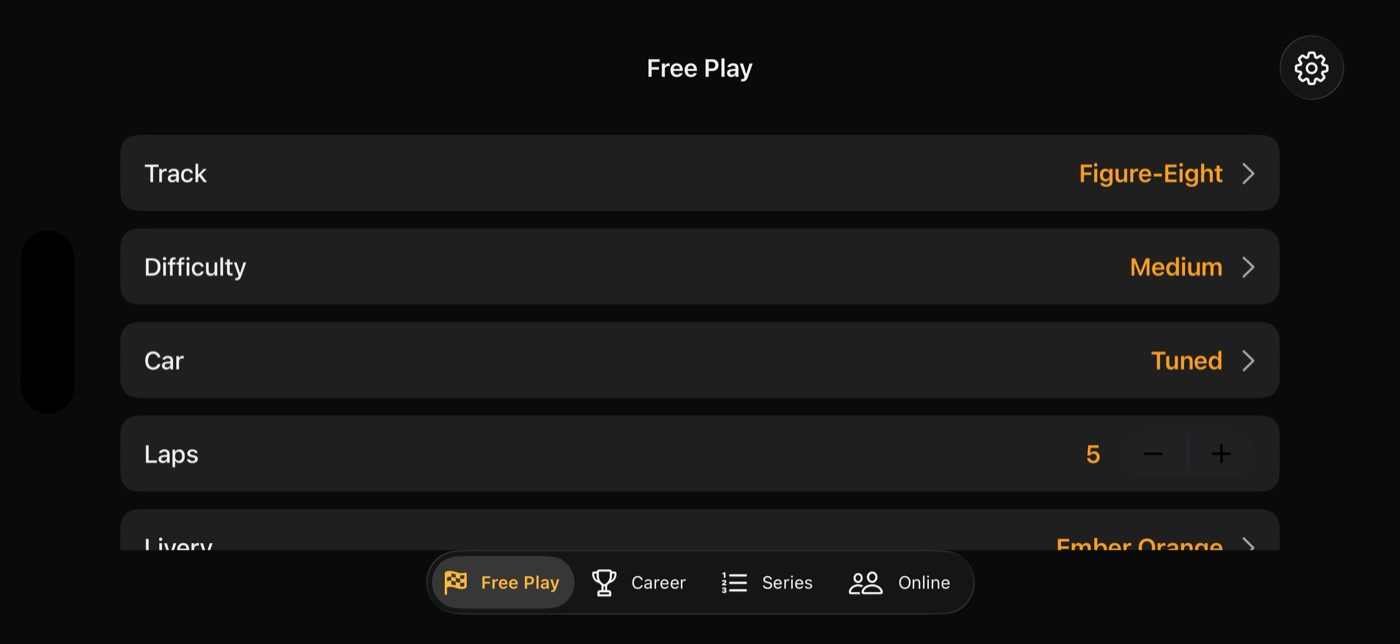 Free Play setup: Track set to Figure-Eight, Difficulty Medium, Car Tuned, 5 laps and an Ember Orange livery, with tabs for Free Play, Career, Series and Online.