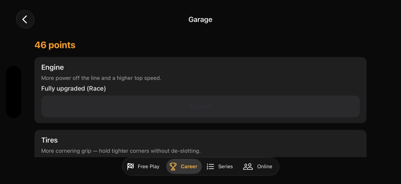 The Garage with a balance of 46 points: the Engine is fully upgraded to Race, and the Tires card offers more cornering grip.