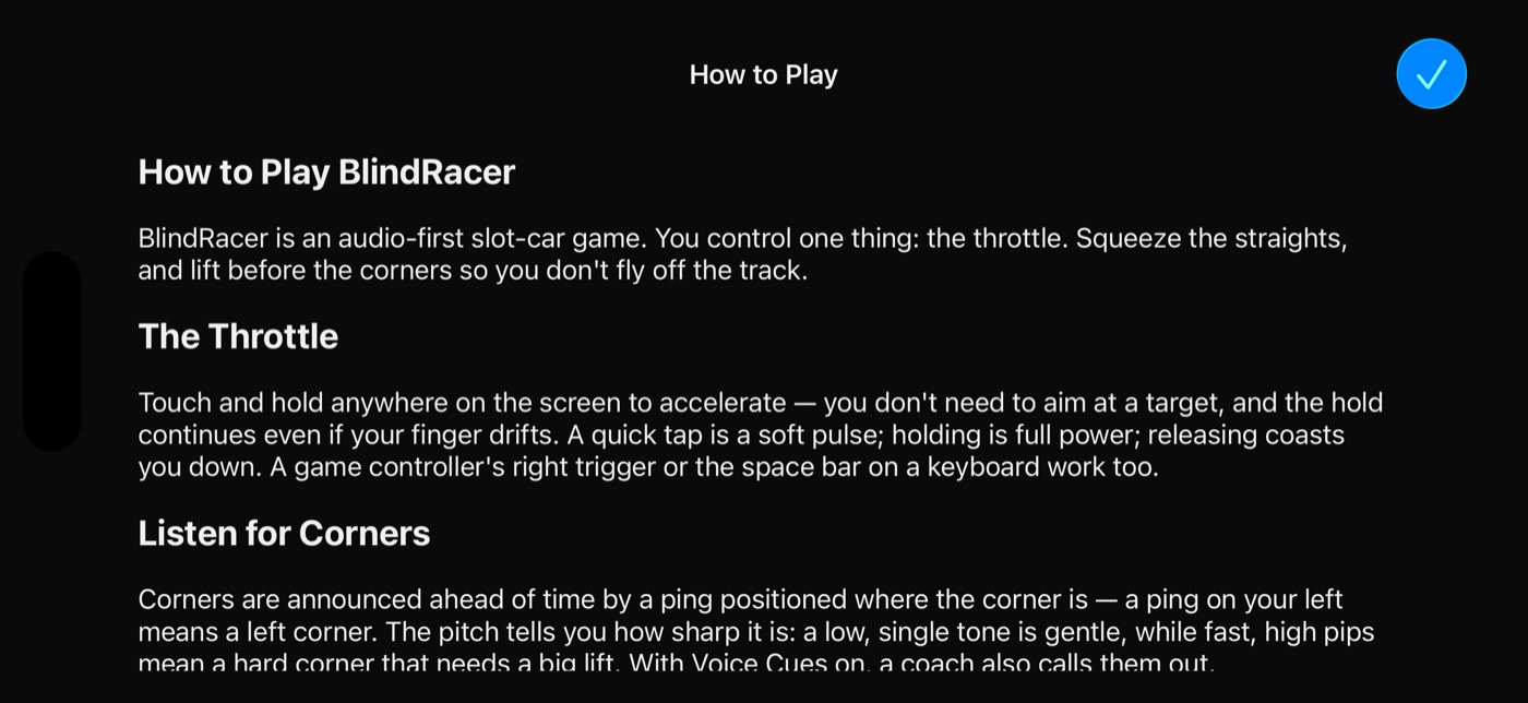 The How to Play screen explaining the throttle: touch and hold anywhere to accelerate, a quick tap is a soft pulse, releasing coasts you down, and a game controller’s right trigger or a keyboard’s space bar also work.