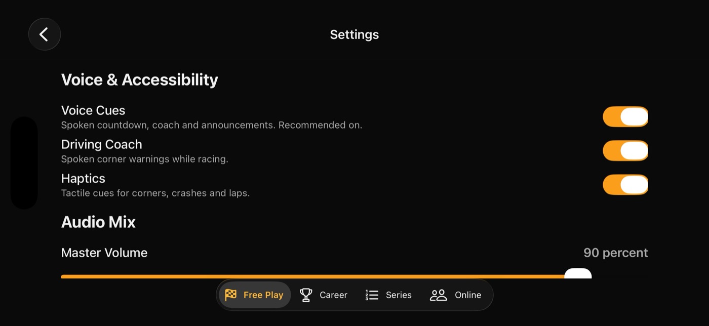 Settings in Blind Racer: switches for Voice Cues, Driving Coach (spoken corner warnings while racing) and Haptics, all on, and an Audio Mix section with Master Volume at 90 percent.