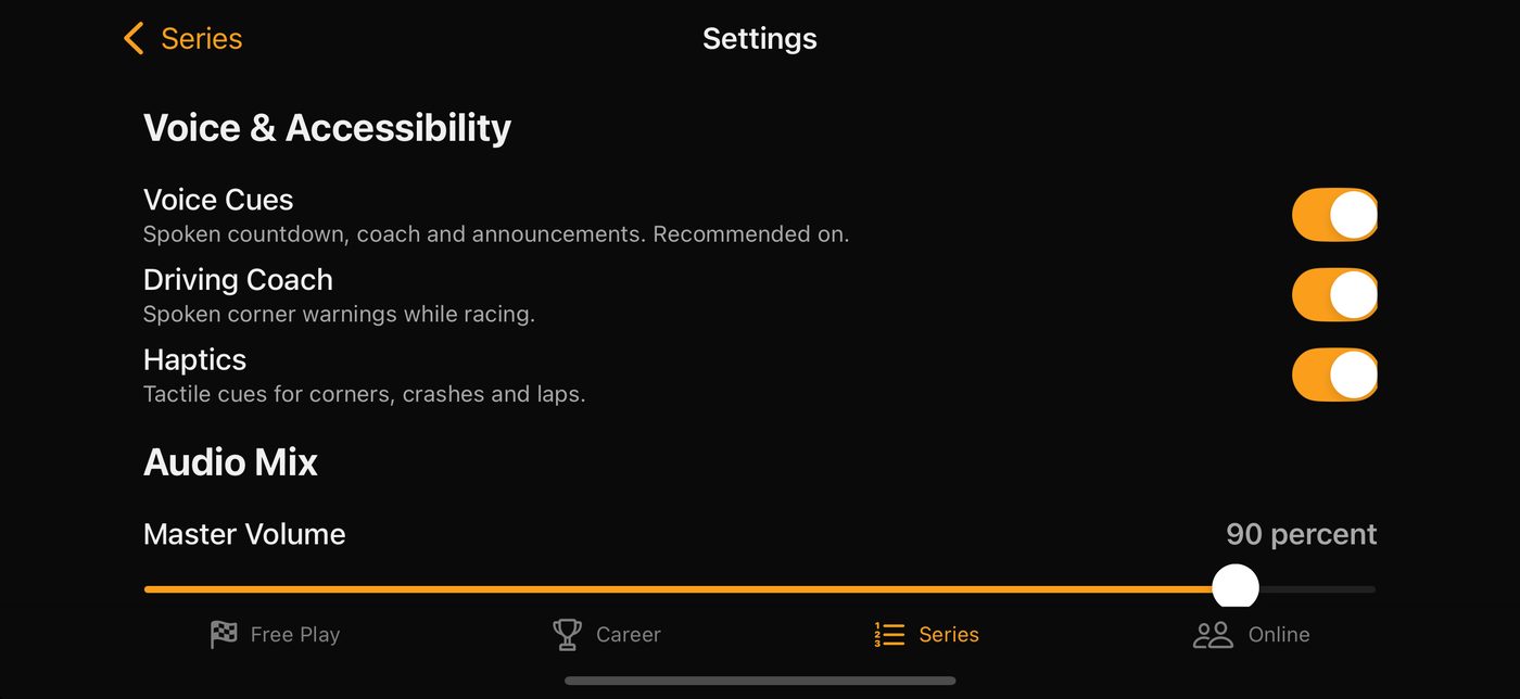 The Voice & Accessibility settings: Voice Cues (spoken countdown, coach and announcements), Driving Coach (spoken corner warnings) and Haptics (tactile cues for corners, crashes and laps), each switched on, above an Audio Mix section with master volume