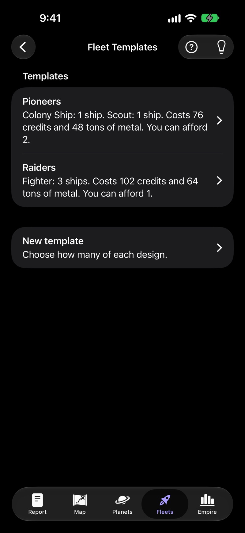 The Fleet Templates screen with two templates: Pioneers, one colony ship and one scout, costing 76 credits and 48 tons of metal, you can afford 2; and Raiders, three fighters, costing 102 credits and 64 tons of metal, you can afford 1. Below is New template, “Choose how many of each design.”
