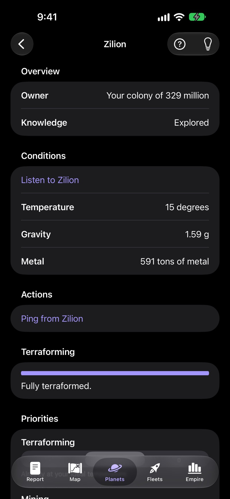 The planet screen for Zilion: your colony of 329 million, explored, at 15 degrees, 1.59 g and 591 tons of metal. A Listen to Zilion button sits above the conditions, Ping from Zilion under Actions, a full Terraforming bar reading “Fully terraformed.”, and Priorities below.