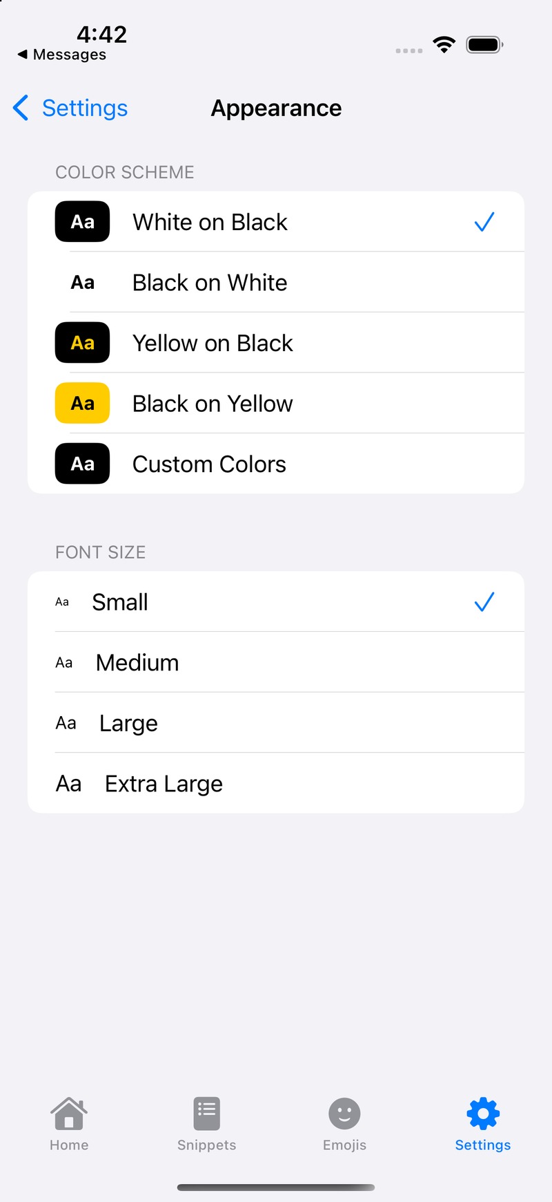 The Appearance settings: colour schemes White on Black, Black on White, Yellow on Black, Black on Yellow and Custom Colors, and font sizes Small, Medium, Large and Extra Large