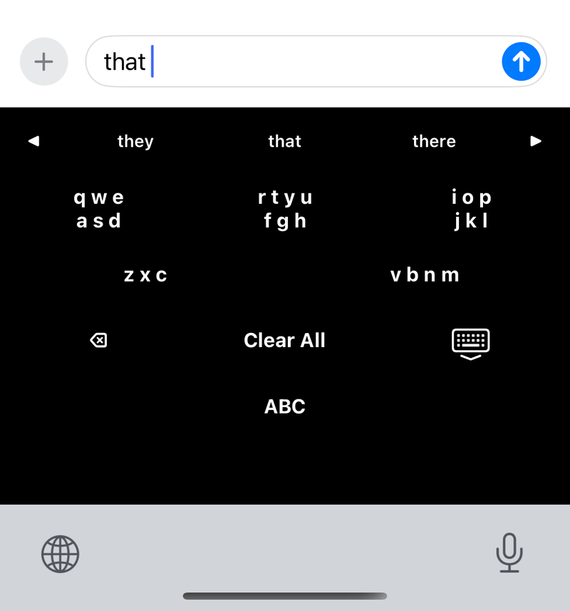 Cluster Only Mode after four cluster taps: the word candidates “they”, “that” and “there” across the top, the clusters below, and Clear All and ABC buttons