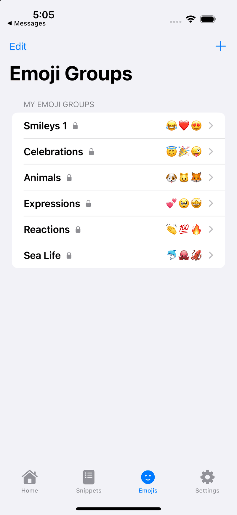The Emoji Groups tab listing six chosen groups — Smileys 1, Celebrations, Animals, Expressions, Reactions and Sea Life — each showing its first three emoji