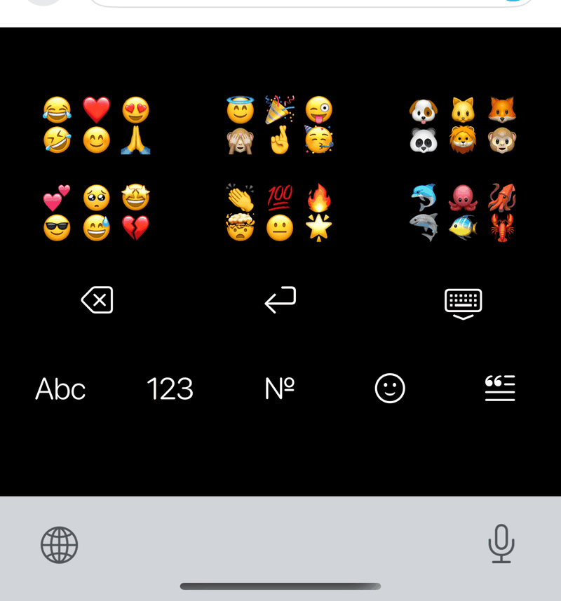 The same six groups in the keyboard, six emoji each, above delete, return and the mode buttons