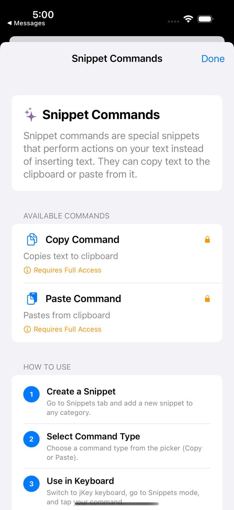 The Snippet Commands screen listing the Copy Command, which copies text to the clipboard, and the Paste Command, which pastes from it, each marked “Requires Full Access”
