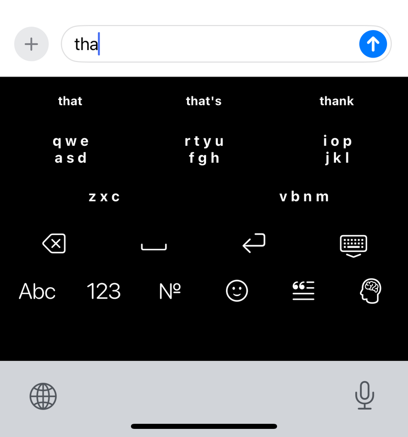 The message field reading “tha” with the suggestions “that”, “that’s” and “thank” above the clusters
