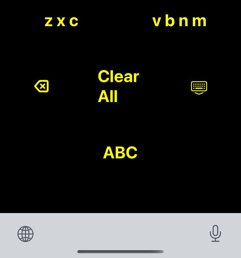 The jKey keyboard in the Yellow on Black scheme at the Extra Large size: yellow clusters and buttons on black, each label several times the size of a standard keyboard key