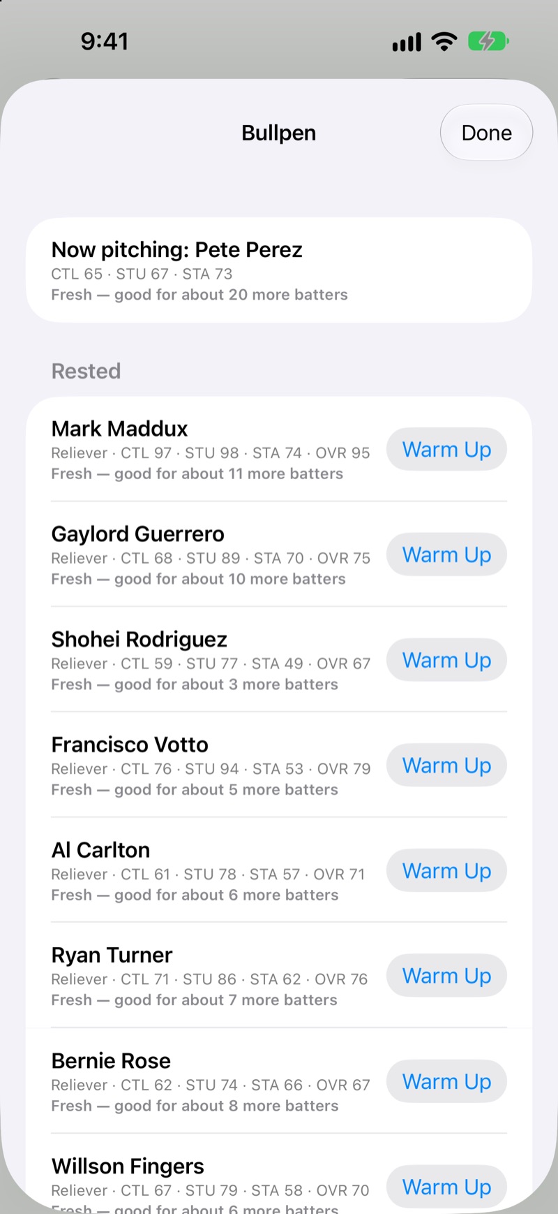 The Bullpen sheet: Pete Perez is pitching and fresh, good for about 20 more batters. Below, rested relievers such as Mark Maddux and Gaylord Guerrero show control, stuff, stamina and overall ratings, how many batters each is good for, and a Warm Up button.