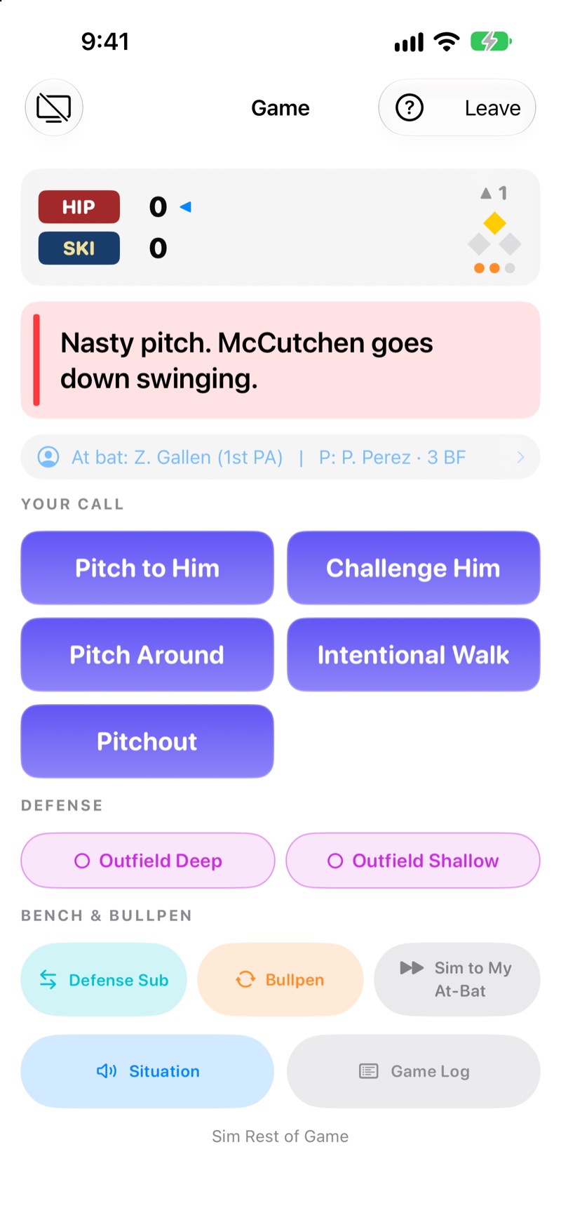 The game screen with Hipwader Heights and Skimmer Shores tied 0 to 0. The latest play reads "Nasty pitch. McCutchen goes down swinging." Below are the calls Pitch to Him, Challenge Him, Pitch Around, Intentional Walk and Pitchout, outfield alignments, and Defense Sub, Bullpen, Situation and Game Log buttons.