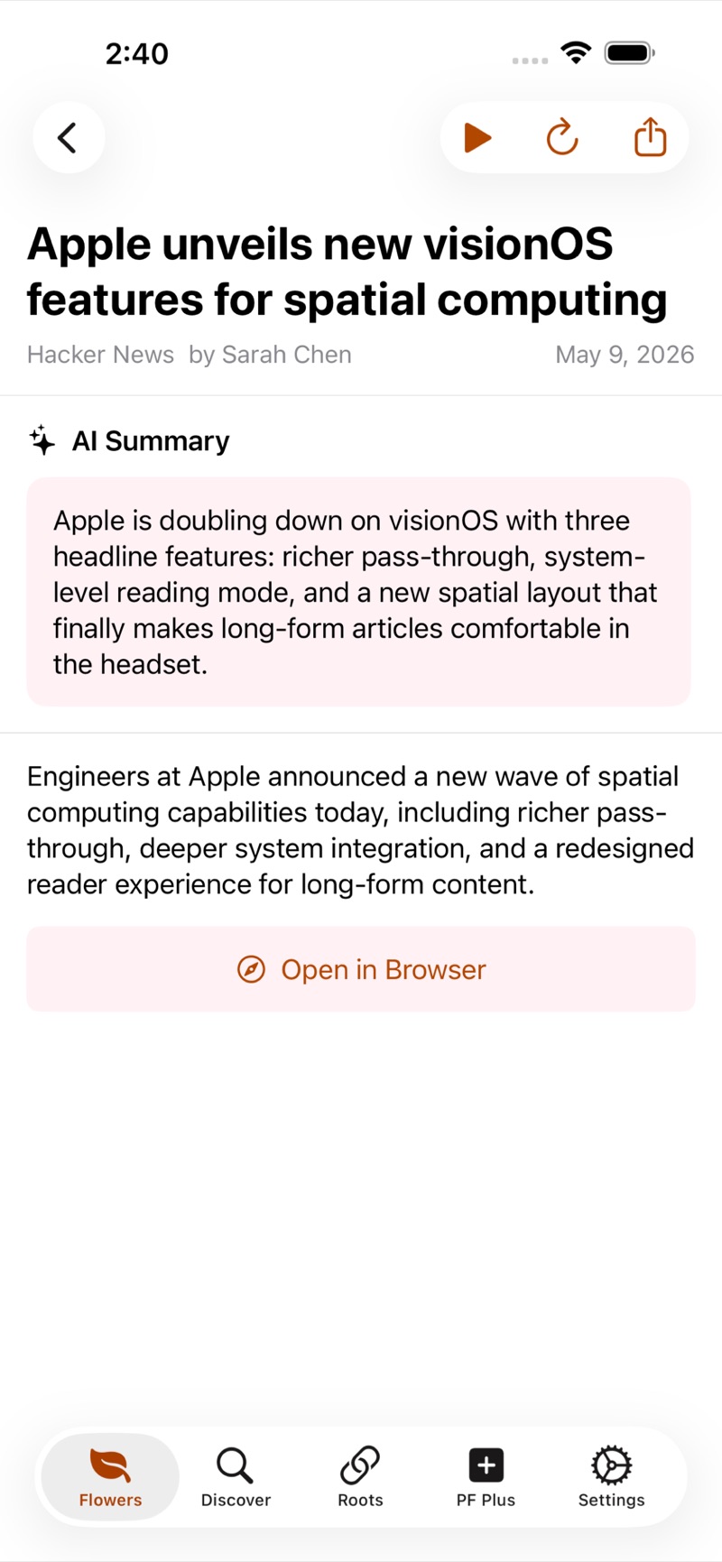 A generated AI Summary above the text of a sample article about new visionOS features, condensing it into one paragraph.