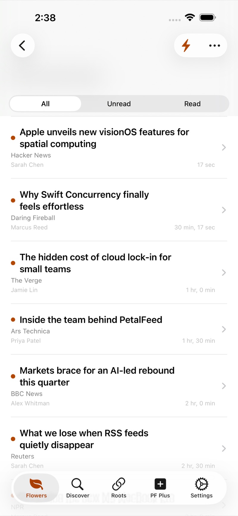 A list of unread sample articles from Hacker News, Daring Fireball, The Verge, Ars Technica, BBC News and Reuters, each with author and age, under All, Unread and Read filters.