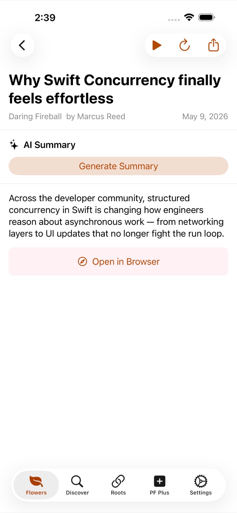 A sample article titled "Why Swift Concurrency finally feels effortless" open in the reader, with a play button for Listen mode, an AI Summary section with a Generate Summary button, and the article text below.