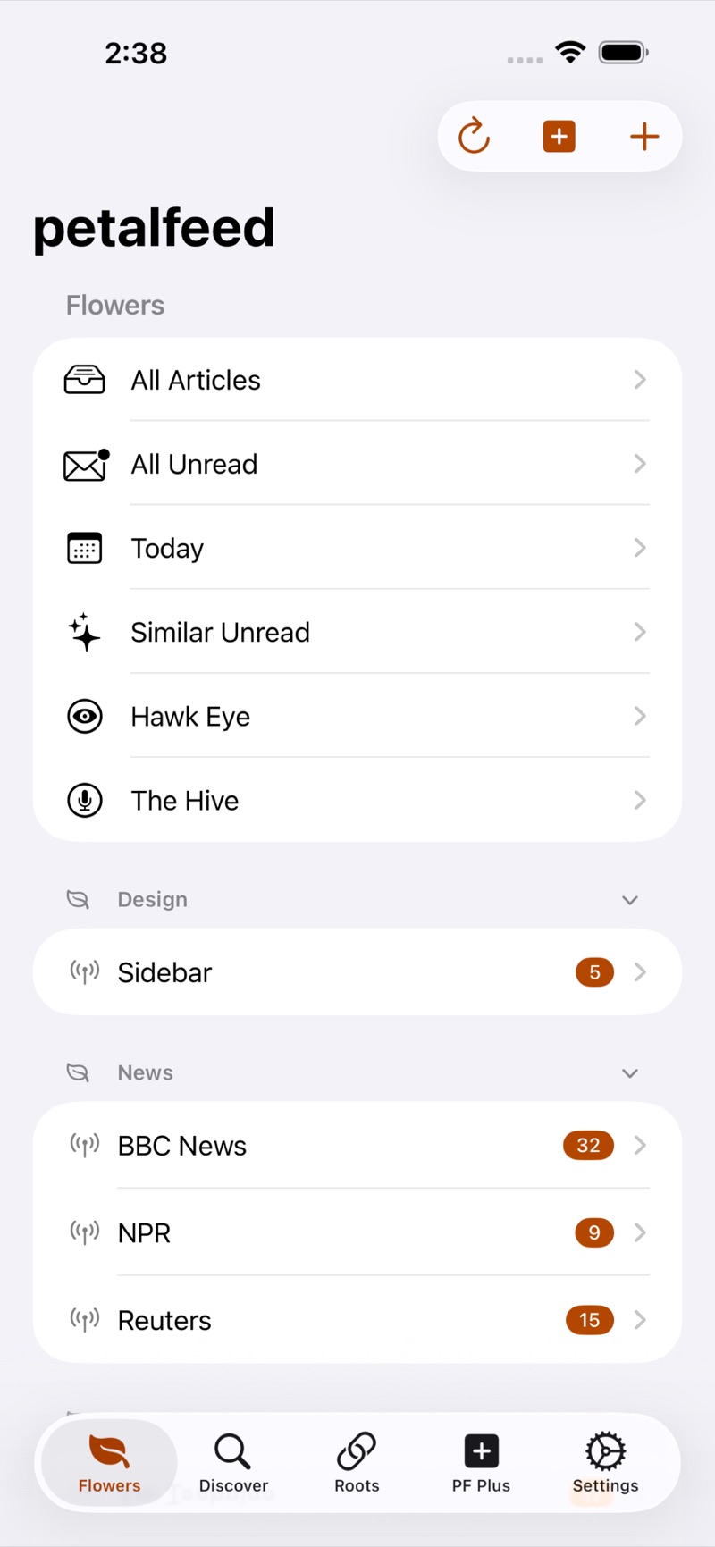 PetalFeed’s Flowers screen: smart views for All Articles, All Unread, Today, Similar Unread, Hawk Eye and The Hive, then feeds grouped under Design and News with unread counts for BBC News, NPR and Reuters.