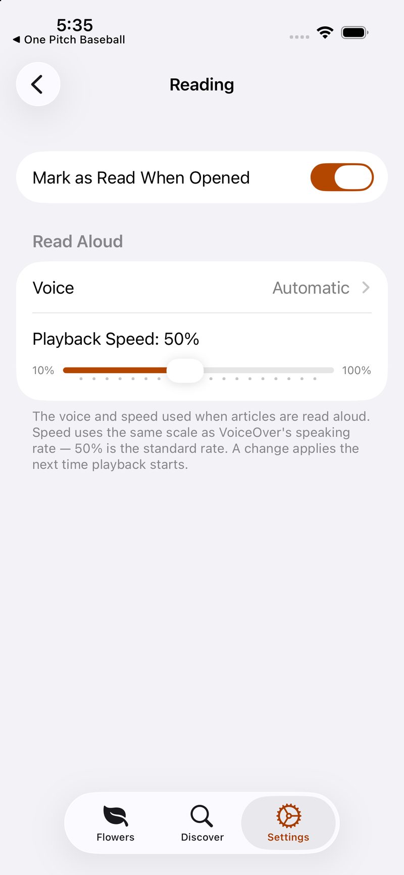 The Reading settings: a Mark as Read When Opened switch, and a Read Aloud section with a voice picker set to Automatic and a playback speed slider at 50 percent, explained as the same scale VoiceOver uses